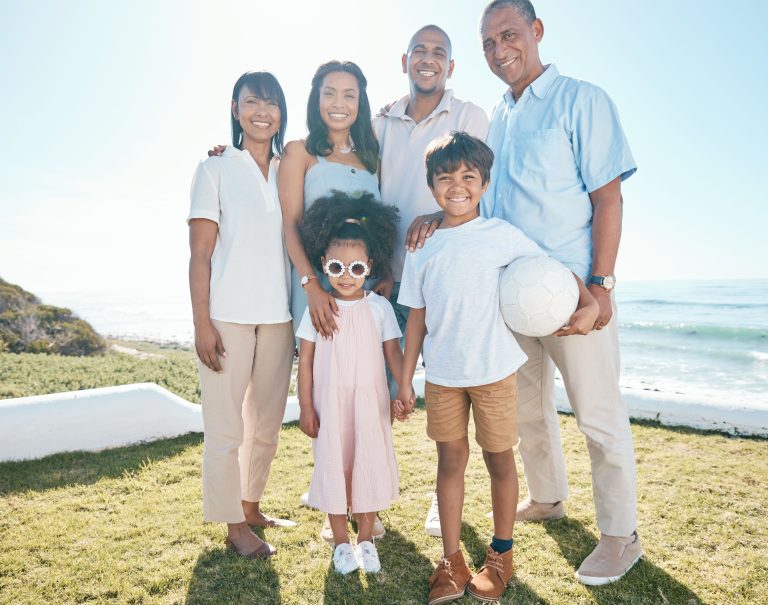 Smile, big family and portrait at ocean on vacation, holiday or summer travel mockup space. Beach, .